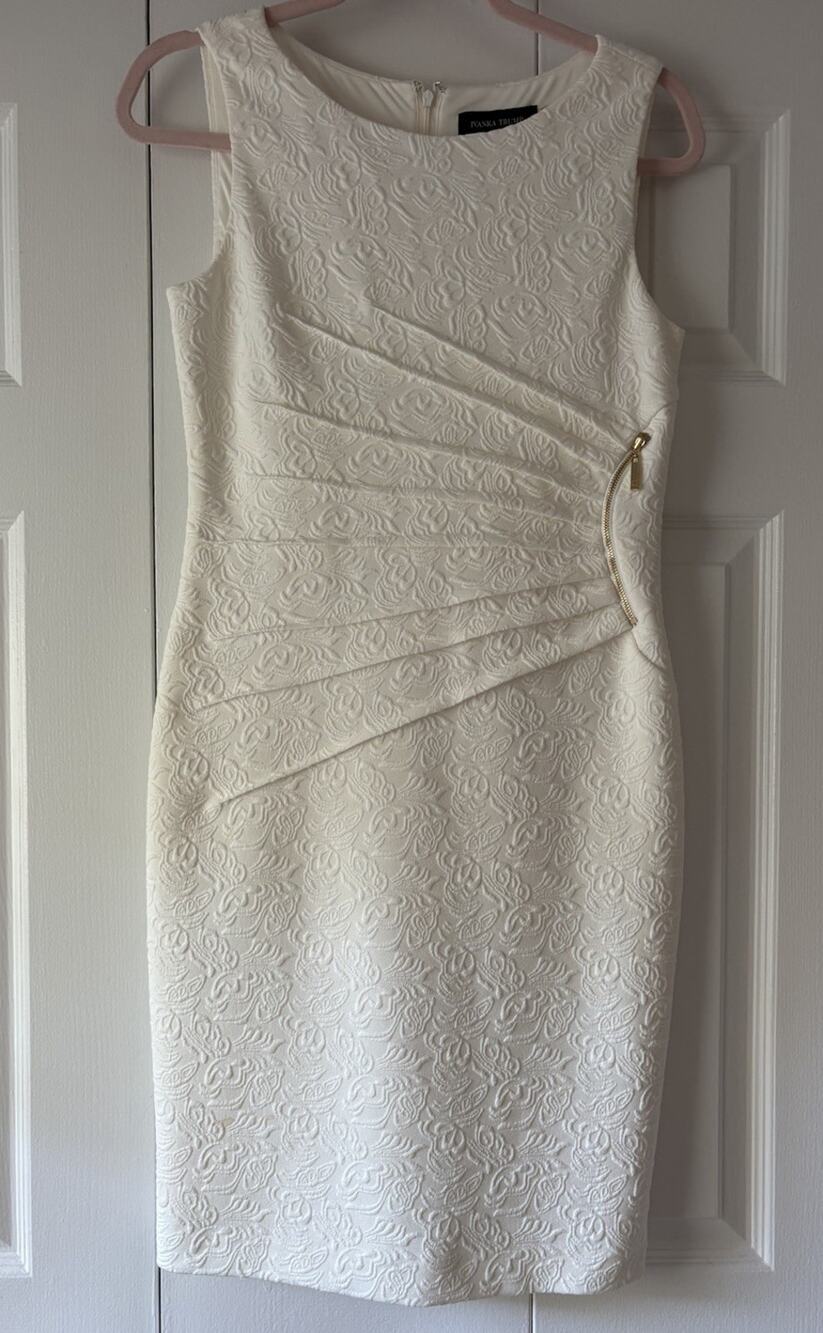 Ivanka Trump White Ruched Sheath Dress Gold Zipper Size 4